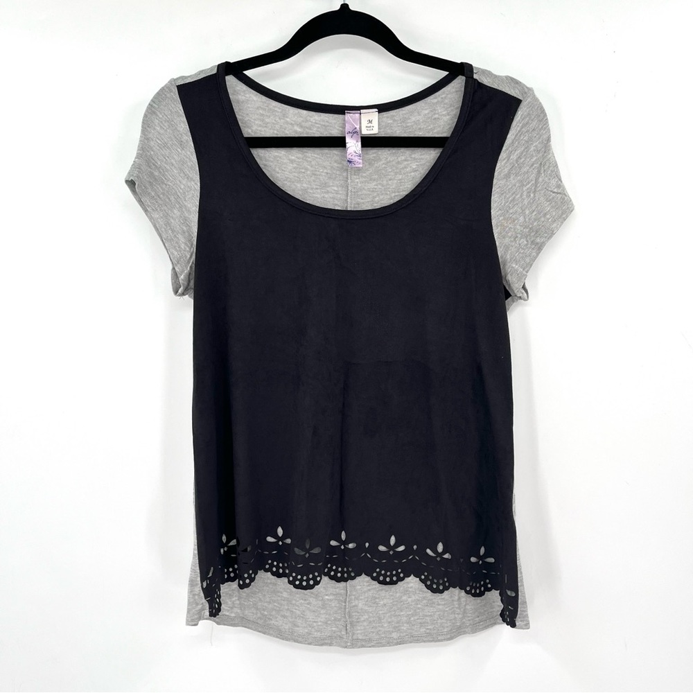 ALYA Faux Suede Top Laser Cut Hem Black Grey M Short Sleeve Blouse Women Cut Out